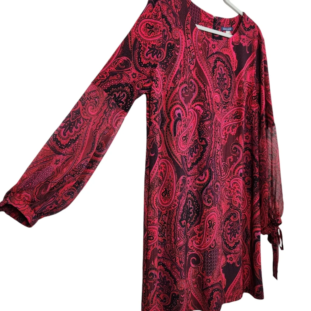 Tommy Hilfiger Red Paisley Floral Shift Dress Sheer Sleeves Women's Size 16